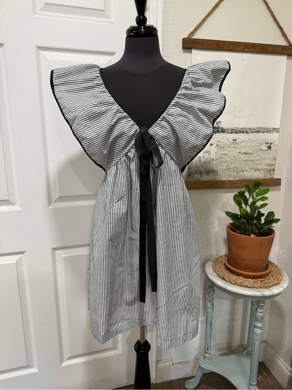 Striped Black and White Ruffle Tie-Front Babydoll Dress